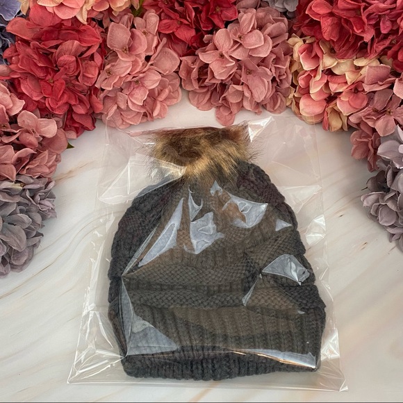 Dark Gray Knit Criss Cross Ponytail Pom Pom Beanie with Mask Buttons - Picture 13 of 15